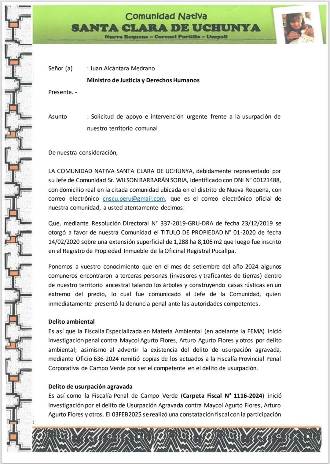 Documento 1 de la noticia Cartas a ministerios por la invasión del territorio ampliado