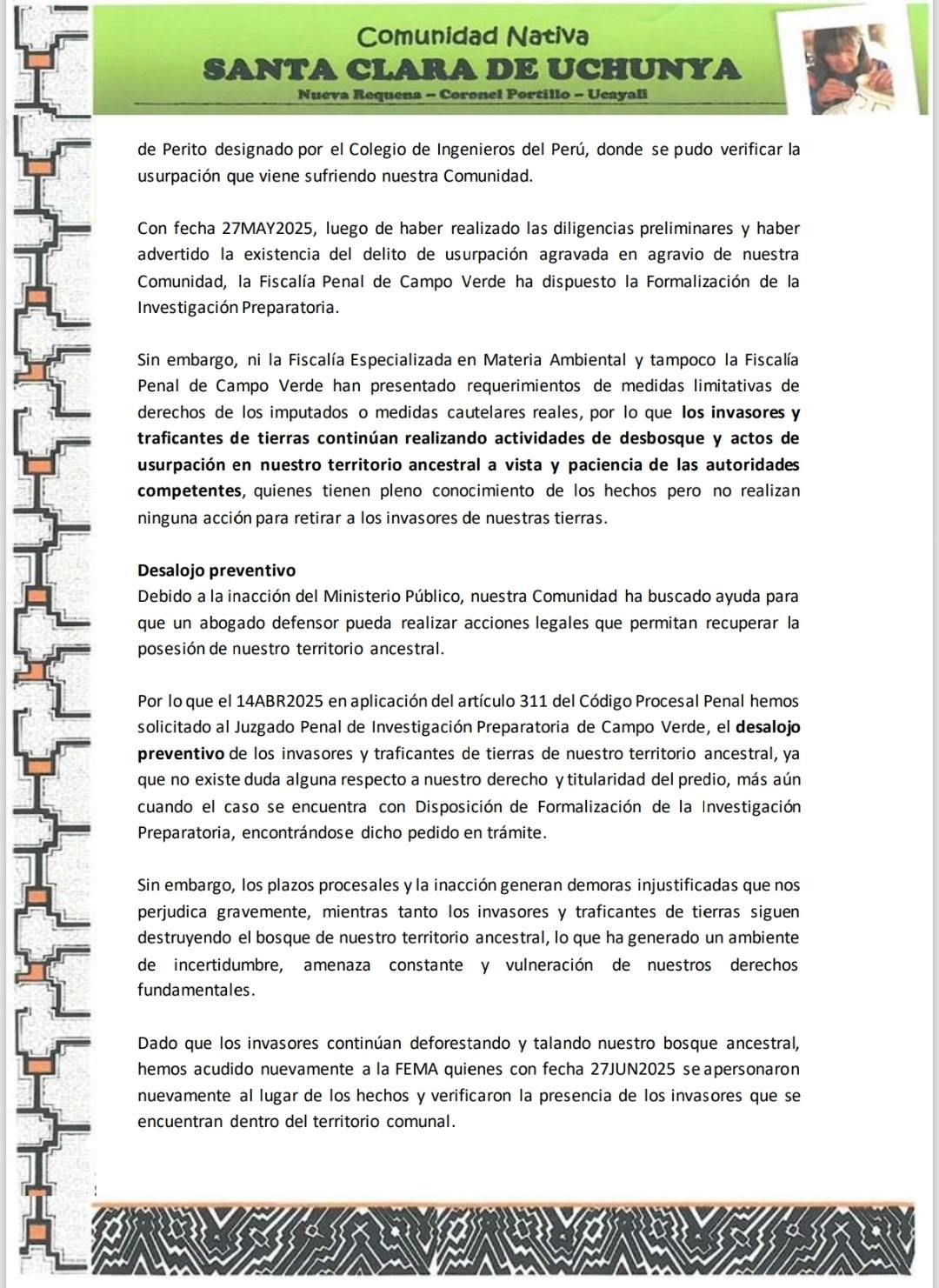 Documento 2 de la noticia Cartas a ministerios por la invasión del territorio ampliado