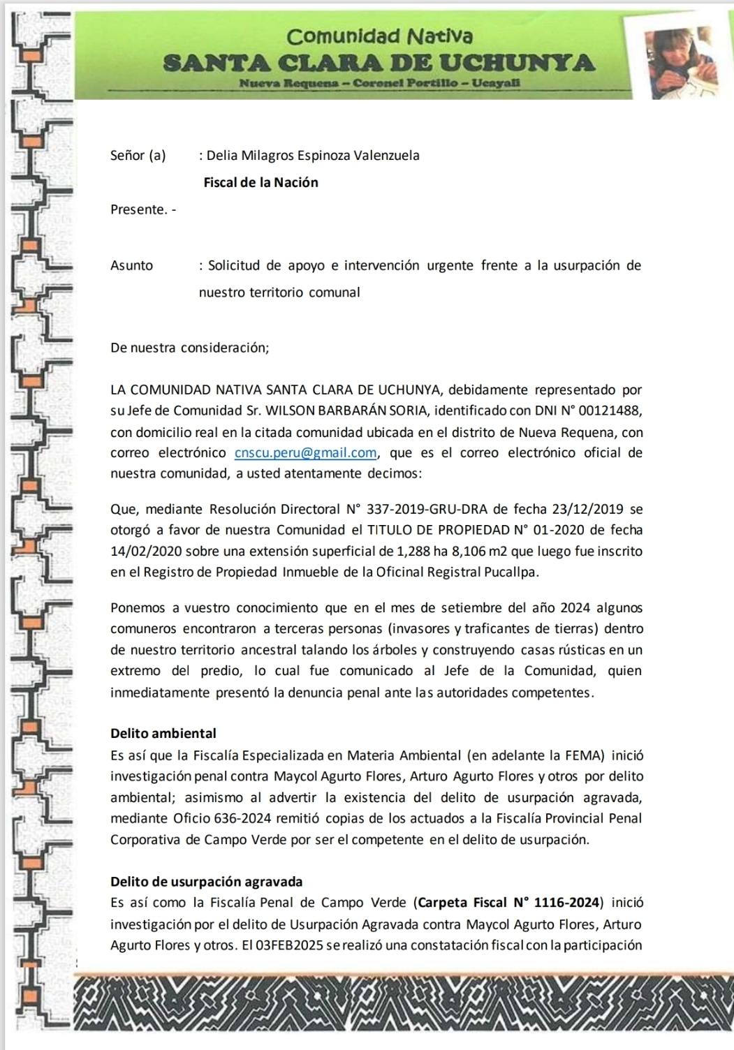 Documento 13 de la noticia Cartas a ministerios por la invasión del territorio ampliado